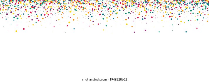 Orange Confetti Decoration Panoramic White Background. Carnaval Circle Card. FallingFestive Round Illustration. Green Dot Vector Postcard.