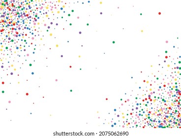 Orange Confetti Paint Illustration. Round Birthday Background. Red Fun Circle. Multicolored Splash Dot Texture.