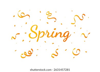 Orange Confetti and Ribbon Falling on White Background with Springs Lettering Text. Congratulations Wallpaper. Celebration Party Banner. Happy Birthday. Vector Illustration