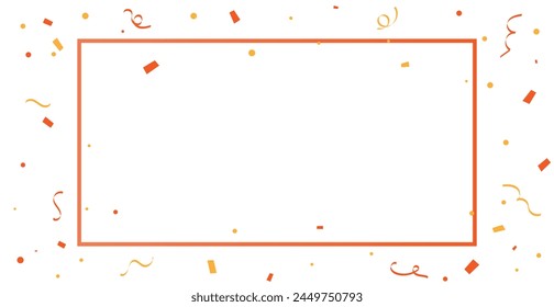 Orange Confetti Ribbons With Border Frame On White Background. Celebration And Happy Birthday. Decoration Concept Design. Vector Illustration. Banner