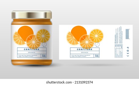 Orange confiture. Sweet jam. Transparent slices, halves and cut fruits. Label and packaging simple design.