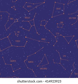 Orange constellations on dark-blue background. Seamless pattern.