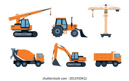 Orange Construction heavy machinery icons set. Forklifts cranes excavator, tractor, bulldozer, trucks, cars, concrete mixer, crane for building work. Vector illustration isolated on white background.