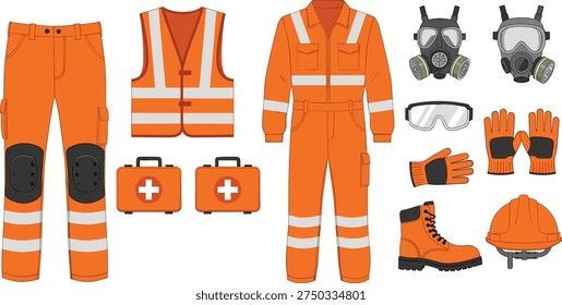 Orange construction safety gear set including reflective vest coveralls pants gloves boots helmet goggles gas mask and first aid kit vector illustration isolated equipment collection
