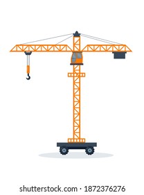 Orange construction tower crane. Heavy elevating equipment. Vector icon illustration on white background.