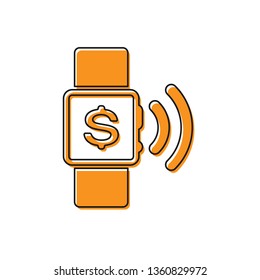 Orange Contactless payment icon isolated on white background. Smartwatch with nfc technology making wireless contactless transactions. Vector Illustration