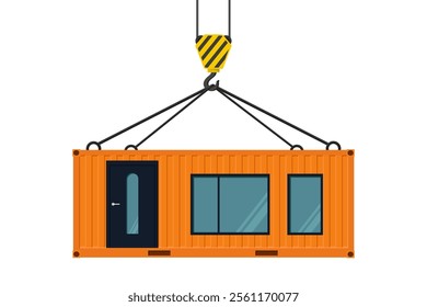 Orange container house hanging on a crane hook. Vector illustration. Crane hook. Isolated on a white background.