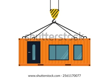 Orange container house hanging on a crane hook. Vector illustration. Crane hook. Isolated on a white background.