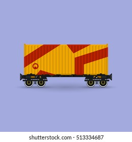 Orange Container on Railroad Platform Isolated on Purple Background , Railway and Container Transport, Vector Illustration 