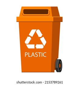 Orange Container For Plastic Waste. Garbage Recycle Bin. Vector Illustration Of Trash Container Classification. Cartoon Plastic Trash Isolated On White