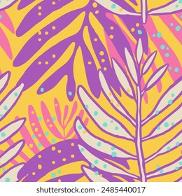 Orange Continuous Exotic Retro Palm Illustration Texture. Vibrant Repetitive Decoration Graphic Garden Paint Vector. White Seamless Floral Plant Surface Print.