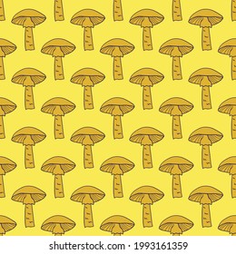 Orange contoured mushroom elements seamless pattern. Yellow bright background. Wild forest food print. Vector illustration for seasonal textile prints, fabric, banners, backdrops and wallpapers.