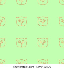 Orange contours of a funny cat's face on light-green background: seamless pattern, vector graphics.