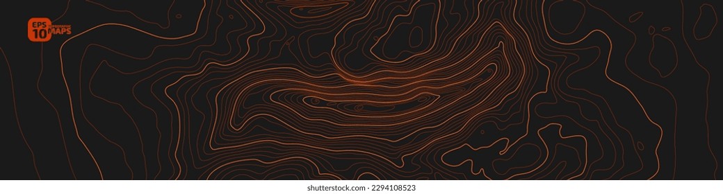 Orange contours on Black color vector topography stylized height of the lines. Сoncept of a conditional geography scheme and the terrain path. Ultra wide size. Map on land vector terrain Illustration.