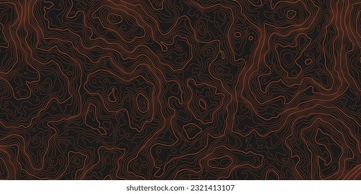 orange contours on black vector topography stylized height of the lines. The concept of a conditional geography scheme and the terrain path.Wide Size. Map on land vector terrain Illustration.