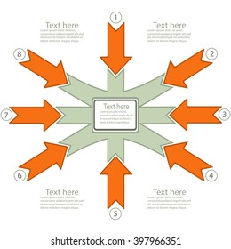 Orange Converging And Diverging Arrows With Text Fields On A White Background. Vector Infographic Set