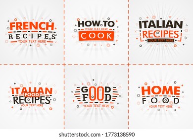 orange cooking book set for food and recipe magazines. Restaurant menu titles or badges for food stores and restaurants. Minimalist design for recipe banners