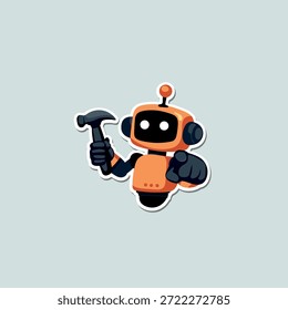 Orange cool robot worker mascot with hammer sticker on gray background