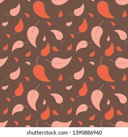 Orange and coral falling leaves on brown background