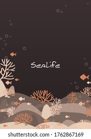 Orange corals and fish in the sea at night frame vector for decoration on summer and autumn seasonal.