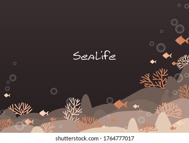 Orange corals and fish in the sea at night frame vector for decoration on summer and autumn seasonal.