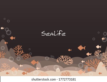 Orange corals and fish in the sea at night frame vector for decoration. summer and autumn seasonal.