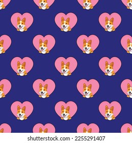 Orange Corgi dog with paws pattern, Valentine's day heart wallpaper. Love heart with pet head holiday texture. Dog face Holding Heart Cartoon square background. St Valentine's day present paper.