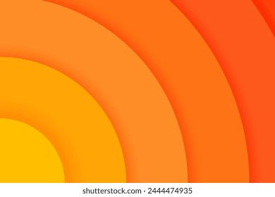 Orange corner concentric circles banner. Sun light, sunrise or sunset, sunburst background. Ripples, impact, sonar wave, radar sound signal wallpaper. Vector illustration in paper cut style.