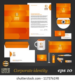 Orange corporate identity template with arrows. Vector company style for brandbook and guideline. EPS 10