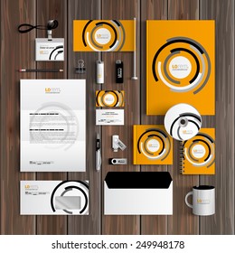 Orange corporate identity template design with black and white round elements. Business stationery