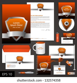 Orange corporate identity template with shield. Vector company style for brandbook and guideline. EPS 10