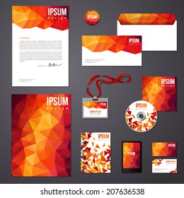 Orange corporate identity template. Vector company style for brandbook and guideline. Envelope, business cards, folder, disc with packaging, magnet, notebook, badge, phone interface design.