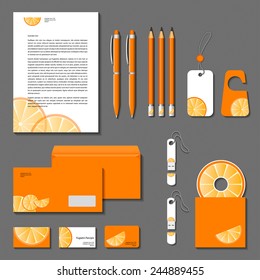 Orange corporate identity. Vector company style for brand-book and guideline. Cards, letter, envelope, business cards, pencils, pens, tags.