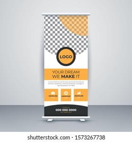 Orange corporate roll up banner. Abstract Shapes Modern Exhibition Advertising Trend Business Roll Up Banner Stand Poster Brochure flat design template creative concept. Presentation.
