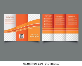 Orange corporate trifold brochure with curved line. Concept Tri-fold Design and Brochure, Catalog Vector Template