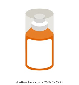 Orange Cosmetic Bottle Illustration. Minimal orange cosmetic bottle with transparent cap and blank label, flat isometric style, isolated on white background.