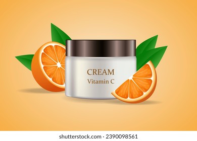 Orange is a cosmetic product. Orange extract cosmetic cream with vitamin C, orange slices. Vector illustration