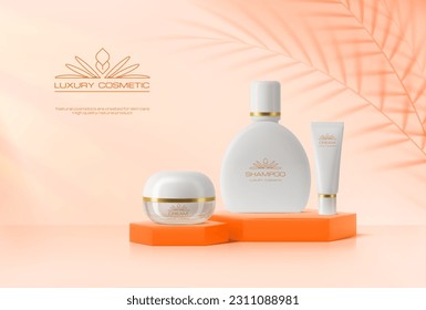 Orange cosmetics podium with palm shadow on wall, beauty products ad banner. Vector 3d mockup of display pedestal with cream jar and shampoo bottle, luxury skincare cosmetics promotion stand, platform