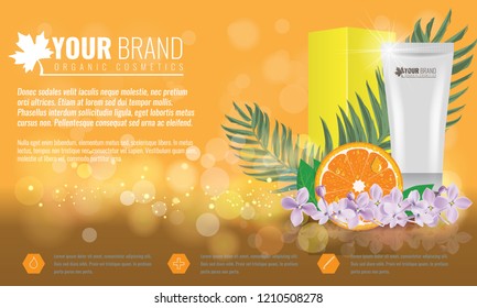 Orange Cosmetics product ads poster template. Cosmetic beauty mockup. Cream tube package with flowers and palm leaf. Vector illustration.