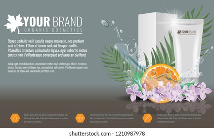 Orange Cosmetics product ads poster template with Water splash. Cream tube package with flowers and palm leaf. Vector illustration.