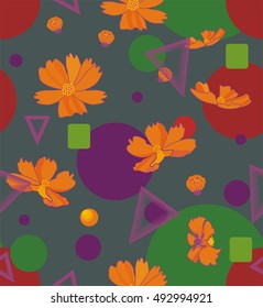 Orange cosmos flowers with geometric shapes of triangles, circles, squares in orange, green, pink, yellow and purple a seamless pattern on a light gray background.