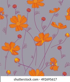 Orange cosmos flowers in orange, green, yellow and purple a seamless pattern on a gray background.