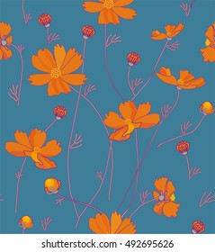 Orange cosmos flowers in orange, green, yellow and purple a seamless pattern on a blue background.