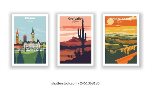 Orange County, Kalifornien, Oro Valley, Arizona, Ottawa, Kanada - Klassisches Reiseplakat. Vektorillustration. Qualitativ hochwertige Ausdrucke