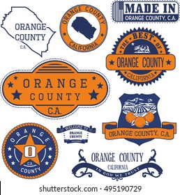 Orange county, California. Set of generic stamps and signs including Orange county map and seal elements.