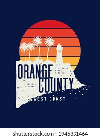 Orange county surfing vintage typography t-shirt print with lighthouse and palm-trees in front of the sunset.