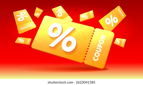 orange coupons with percentage fly away on white background. Vector illustration