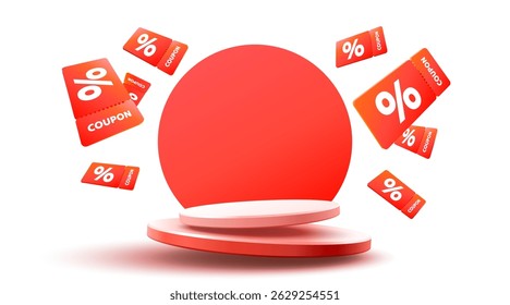 Orange coupons with percentage fly near podium. Vector illustration