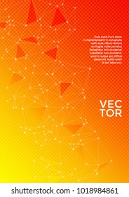 Orange cover layout design. Global network connection digital grid. Interlinked nodes, neuron, social media, web or  big data cloud structure concept. Information technology concept cover.