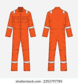 orange coverall workwear mockup front and back view. vector illustration